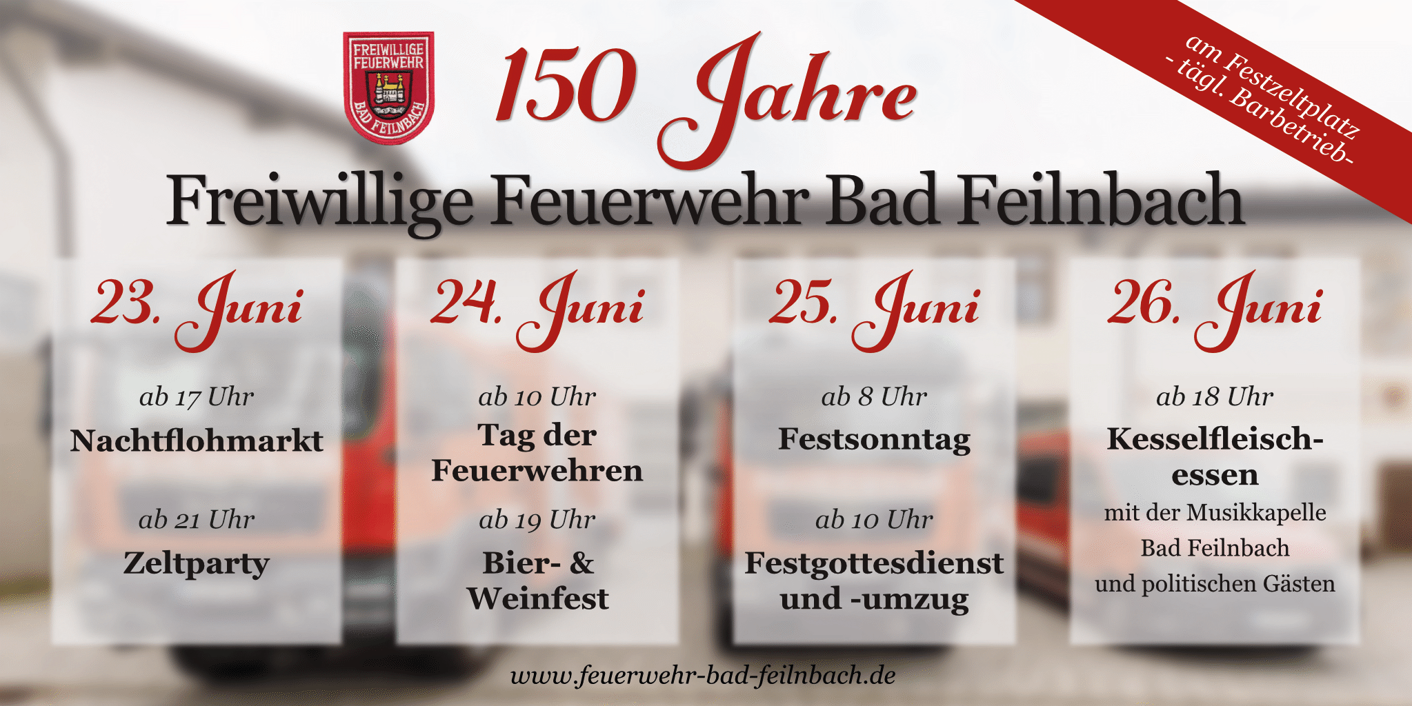 Flyer 23.6.23 Nachtflohmarkt, 24.6.23 Weinfest, 25.6.23 Festsonntag mit Umzug, 26.6.23 politisches Kesselfreischessen in Bad Feilnbach